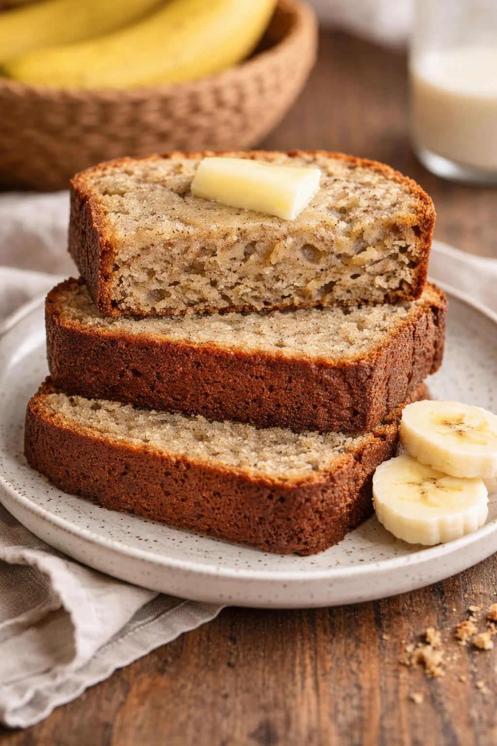 A slice of moist banana bread on a rustic wooden table