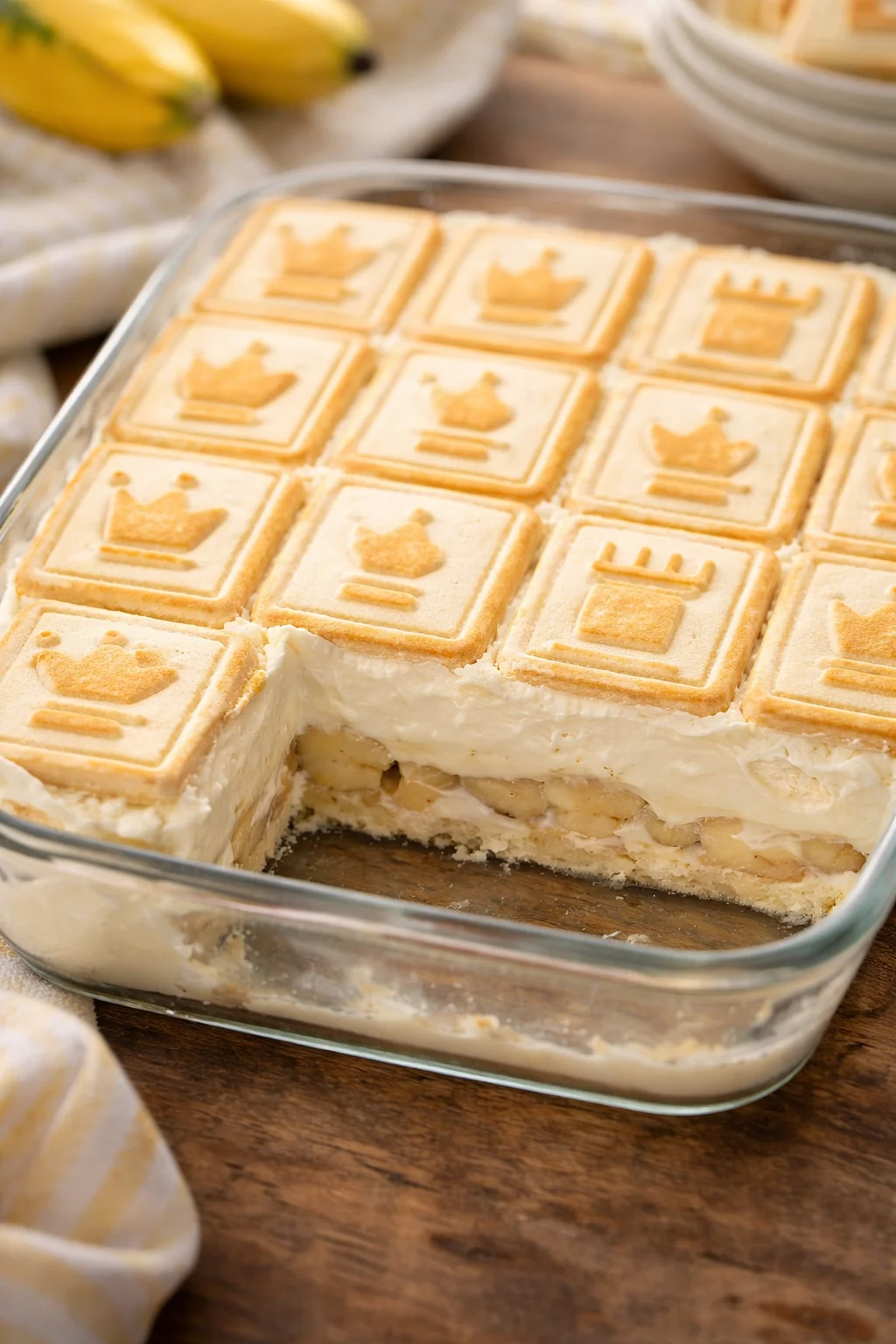 Delicious no-bake banana pudding served in a glass dessert dish.