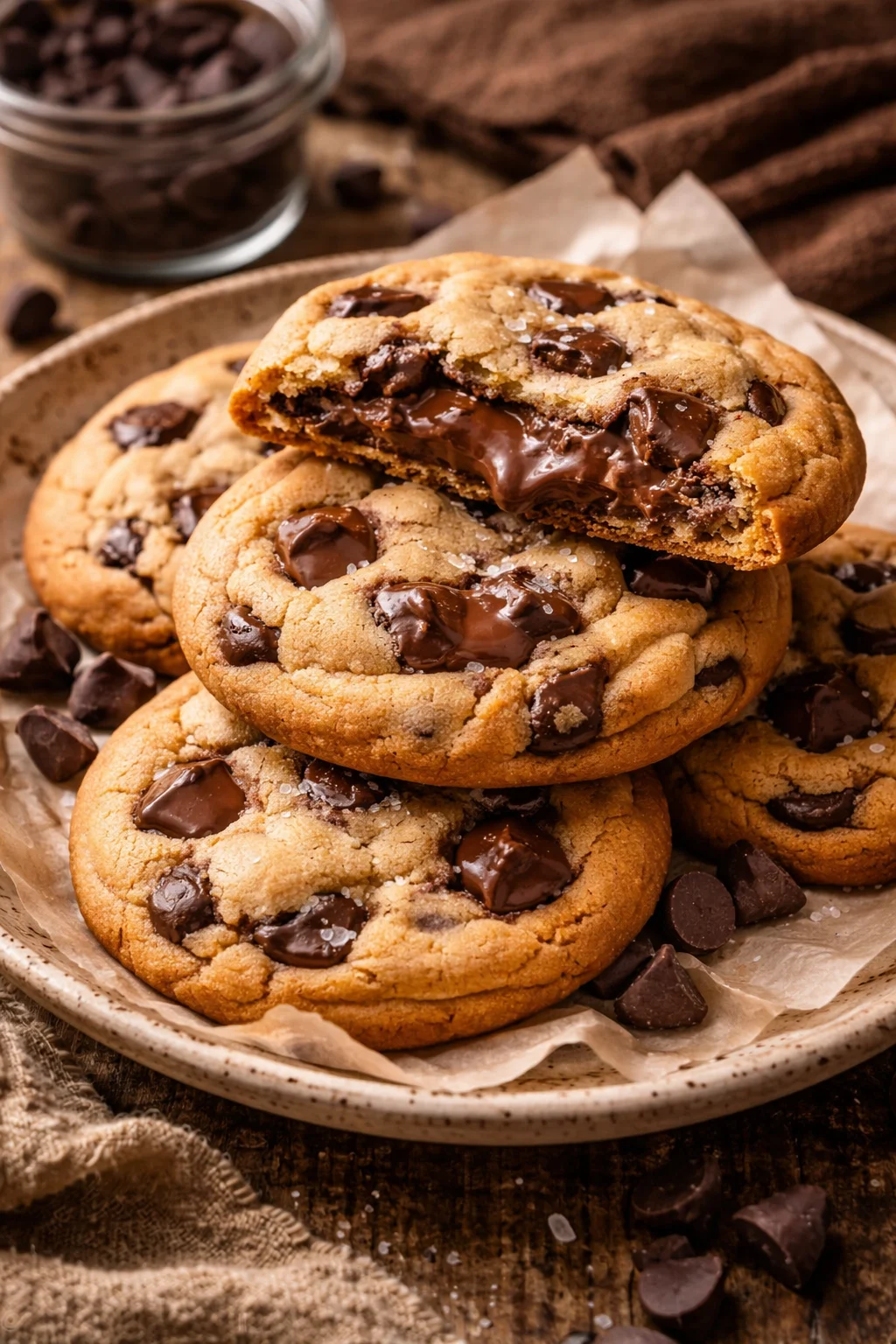 Nutella stuffed chocolate chip cookies on a baking tray