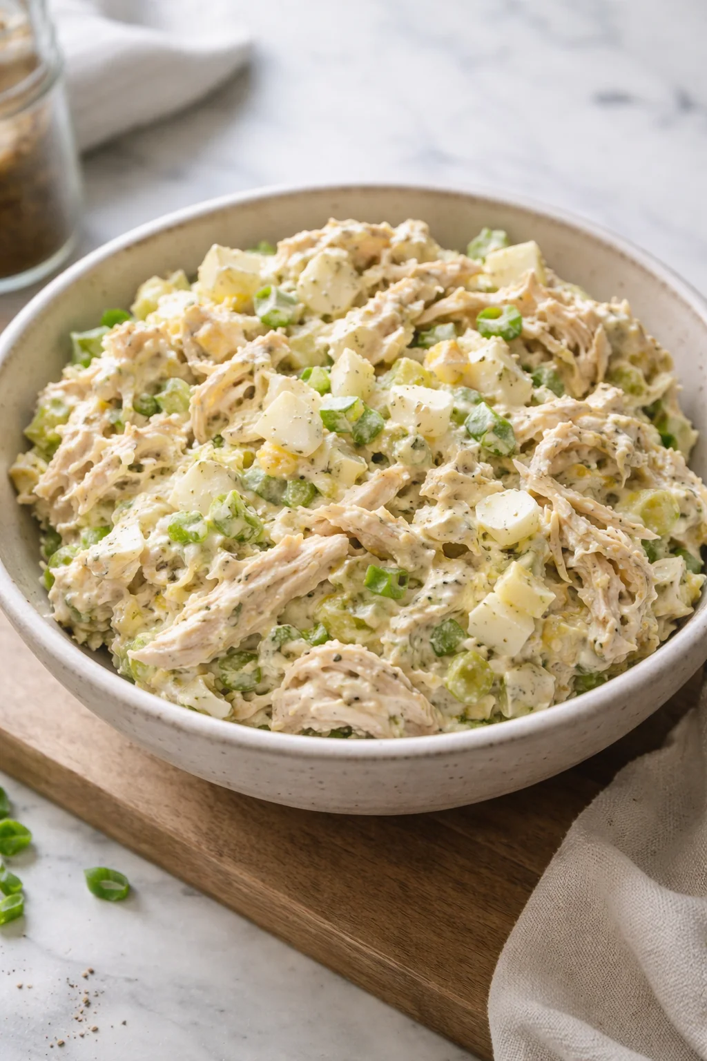 Old fashioned chicken salad with vegetables and creamy dressing served in a bowl