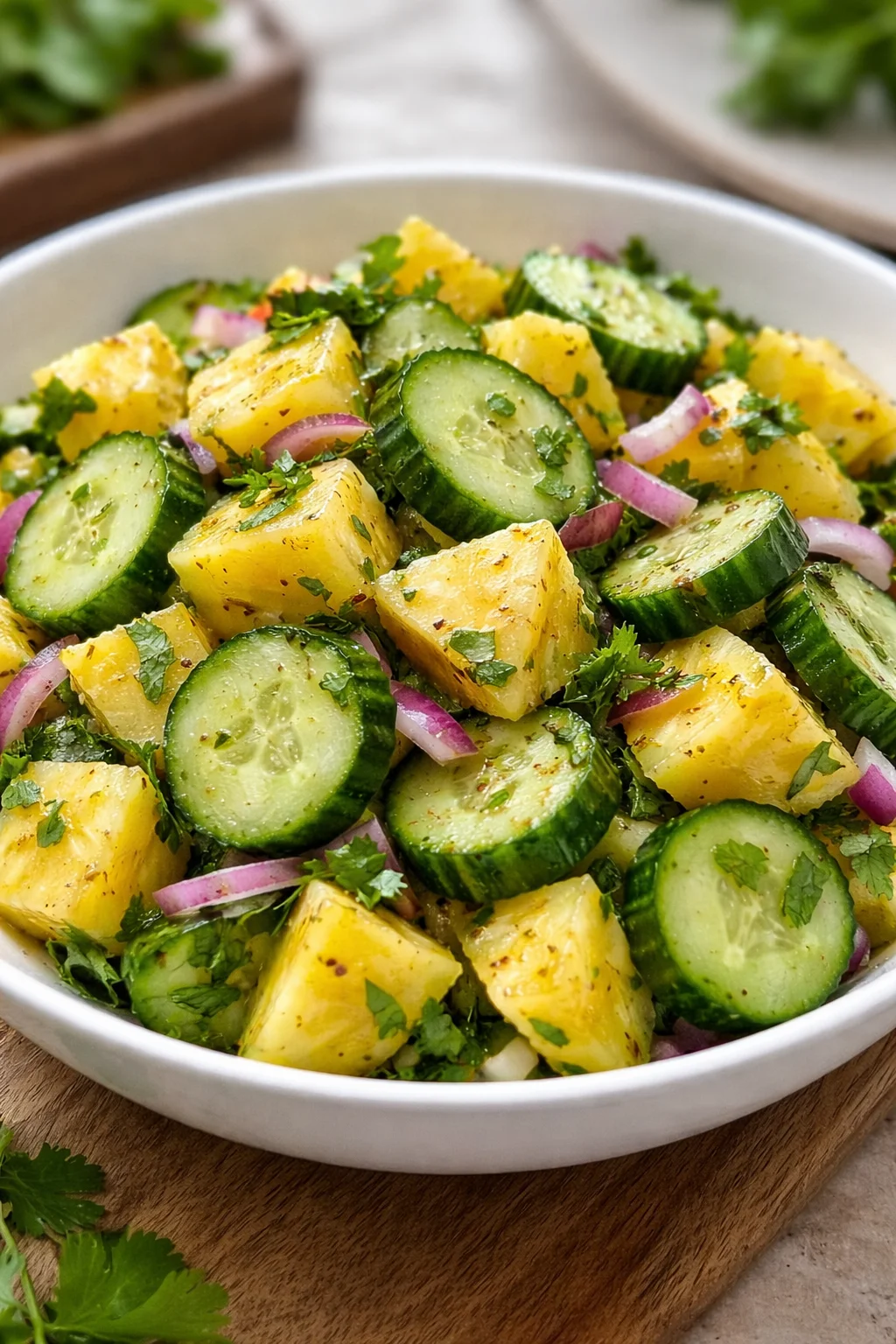 Fresh Pineapple Cucumber Salad in a bowl, garnished with herbs.