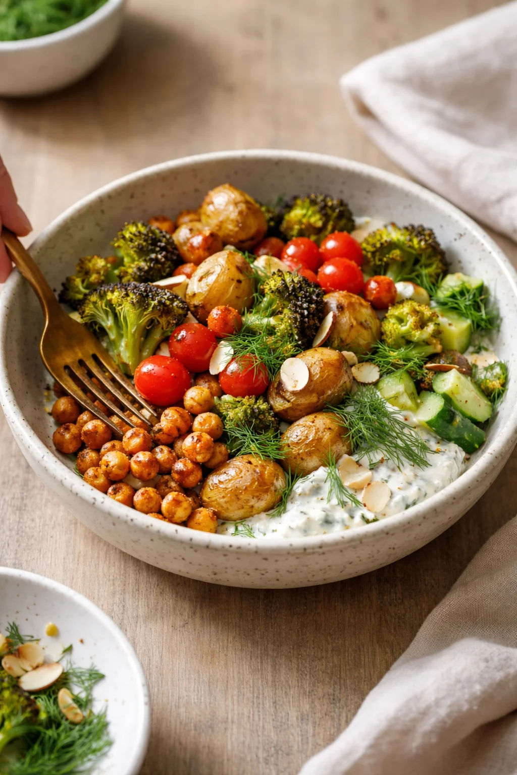 Colorful plant-based Mediterranean bowls filled with fresh vegetables and grains.