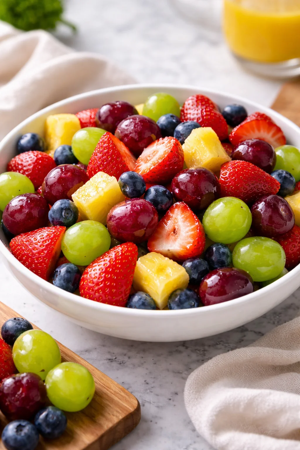 Colorful quick fruit salad made with fresh seasonal fruits.