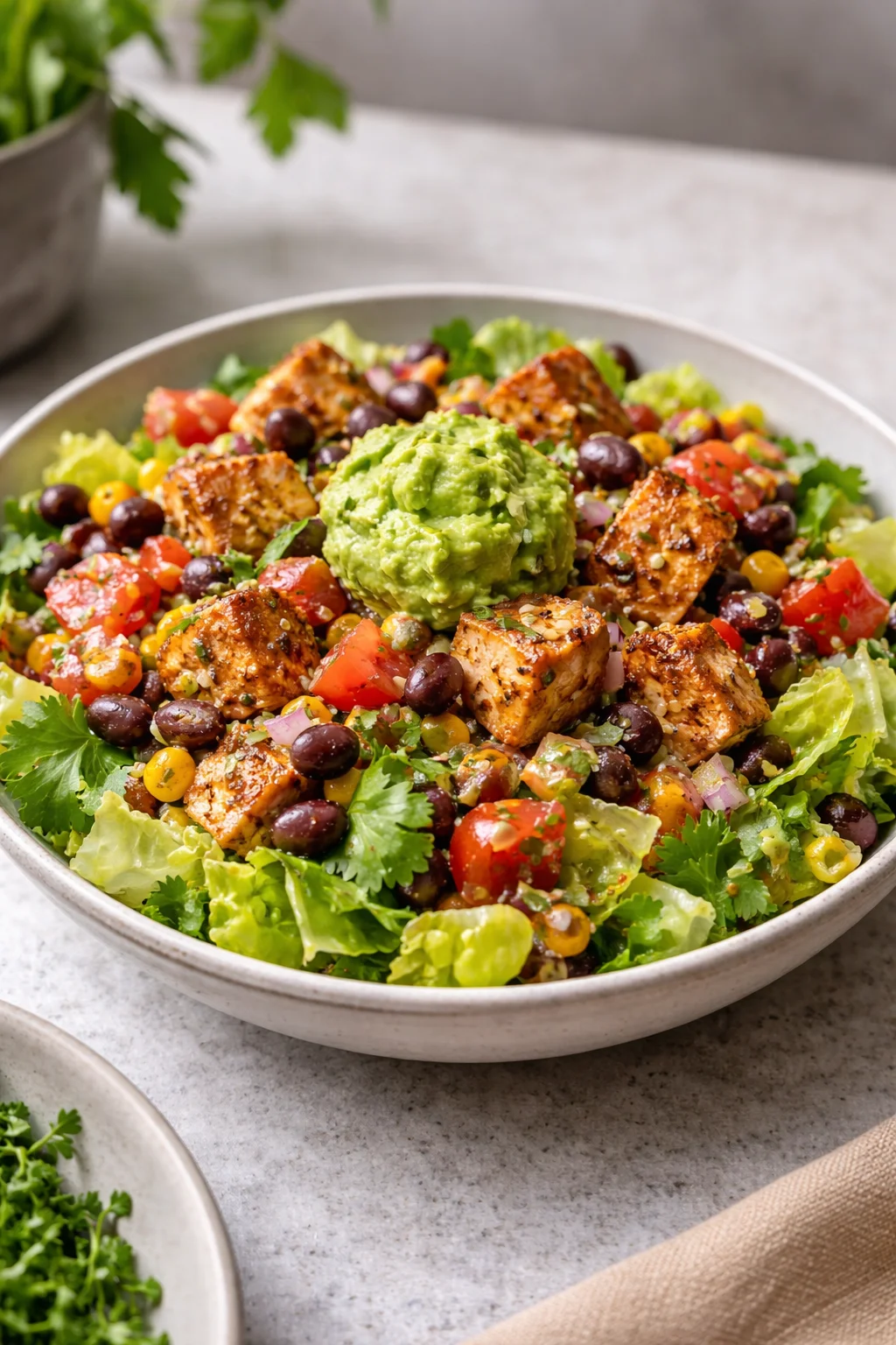 Delicious Santa Fe Salad with fresh vegetables and savory toppings.