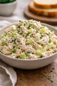 Delicious simple chicken salad served in a bowl with fresh vegetables