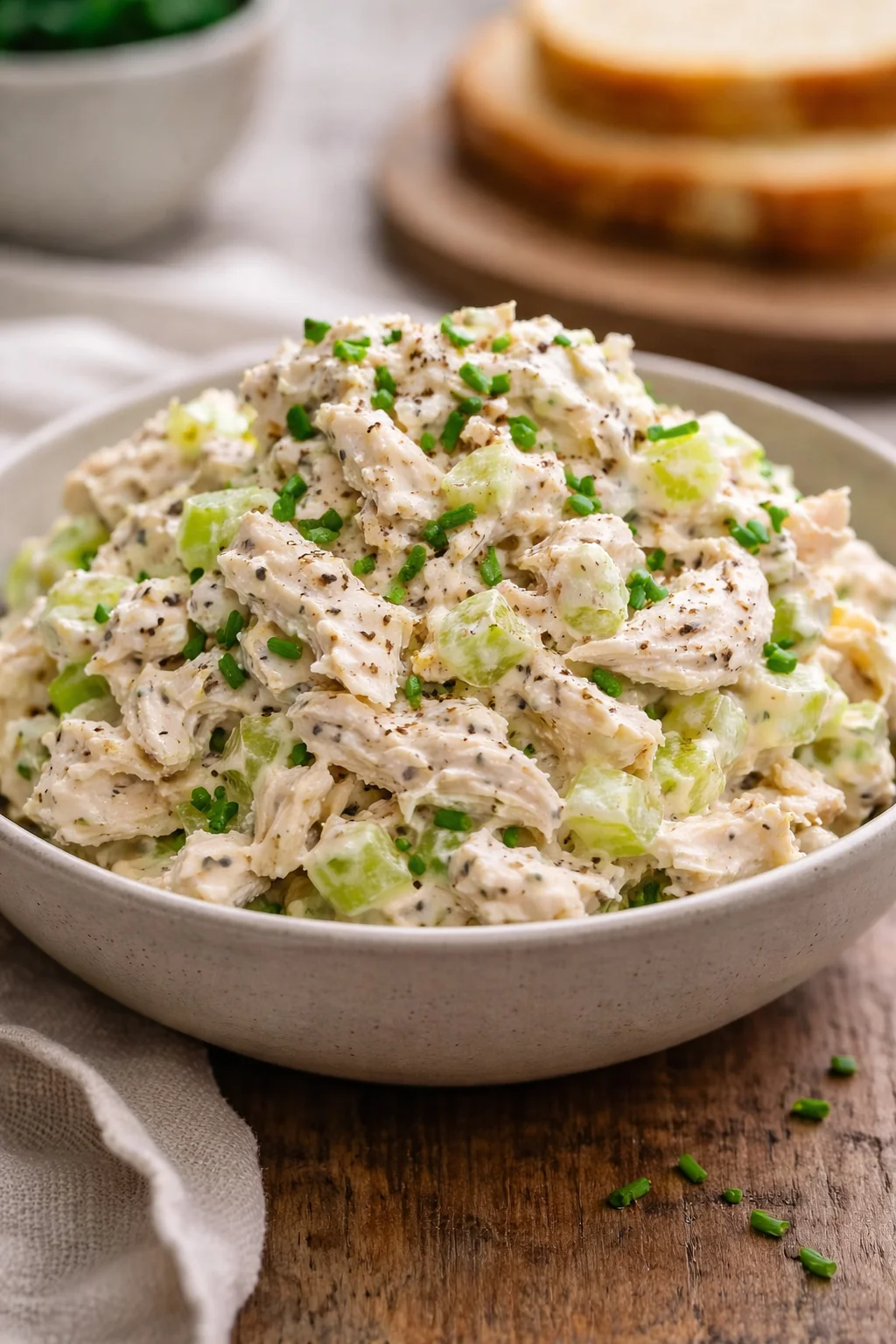 Delicious simple chicken salad served in a bowl with fresh vegetables