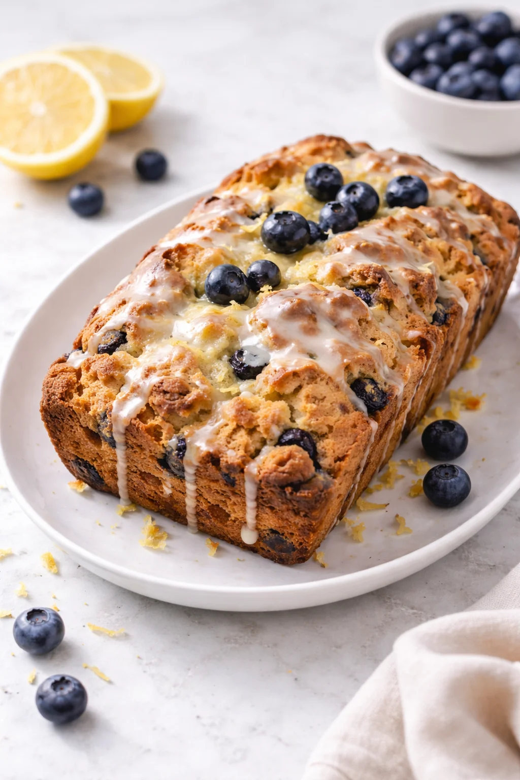 Freshly baked sourdough blueberry lemon bread sliced on a wooden board.