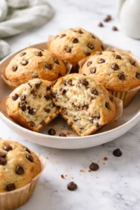 Delicious sourdough chocolate chip muffins on a wooden table.