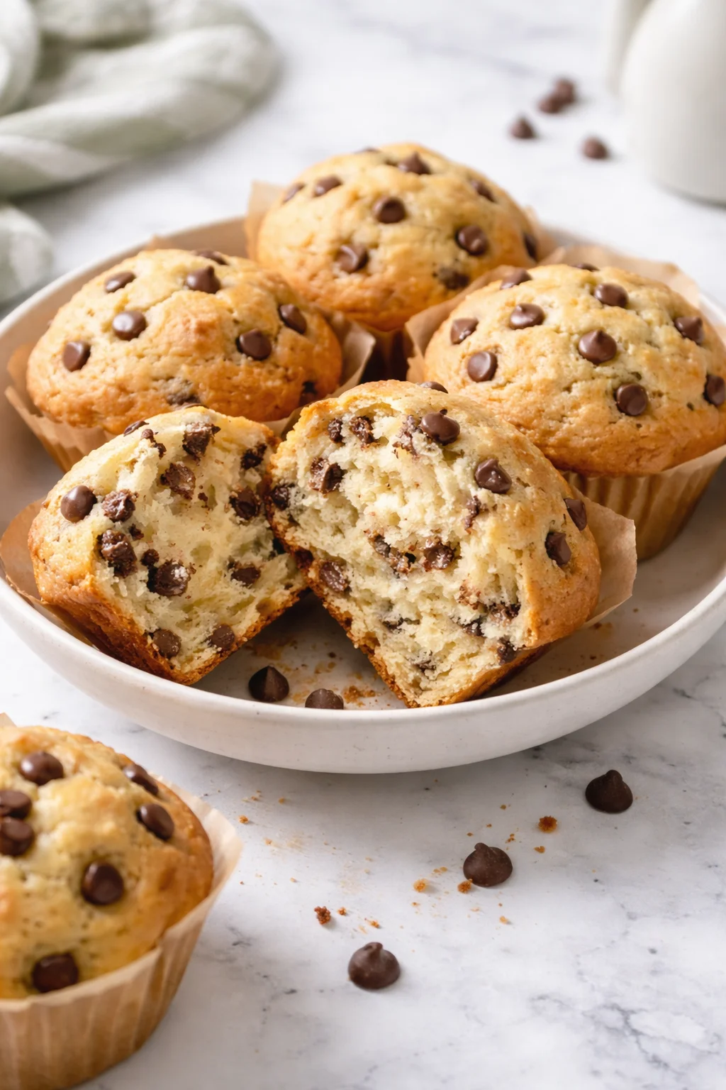 Delicious sourdough chocolate chip muffins on a wooden table.