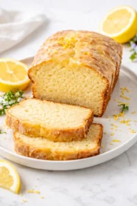 Sourdough discard lemon cake topped with fresh lemon slices and icing