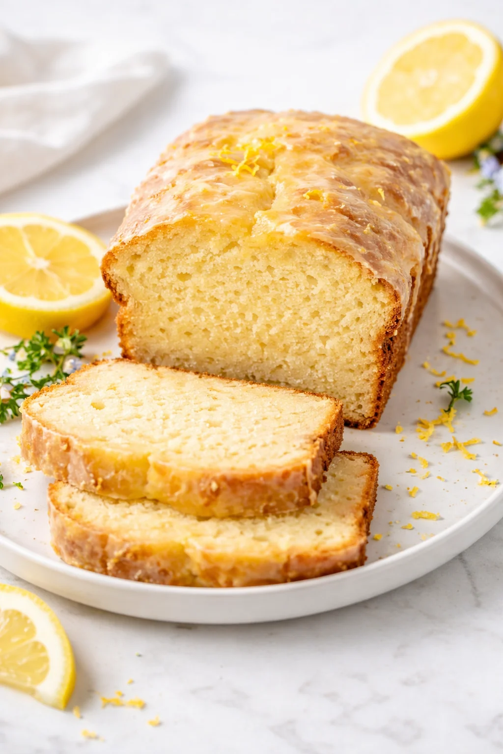 Sourdough discard lemon cake topped with fresh lemon slices and icing