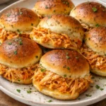 Spicy Buffalo chicken sliders served on a platter with fresh toppings.