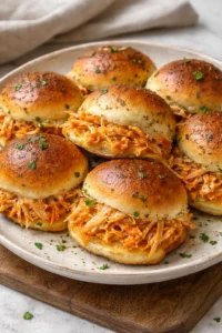 Spicy Buffalo chicken sliders served on a platter with fresh toppings.