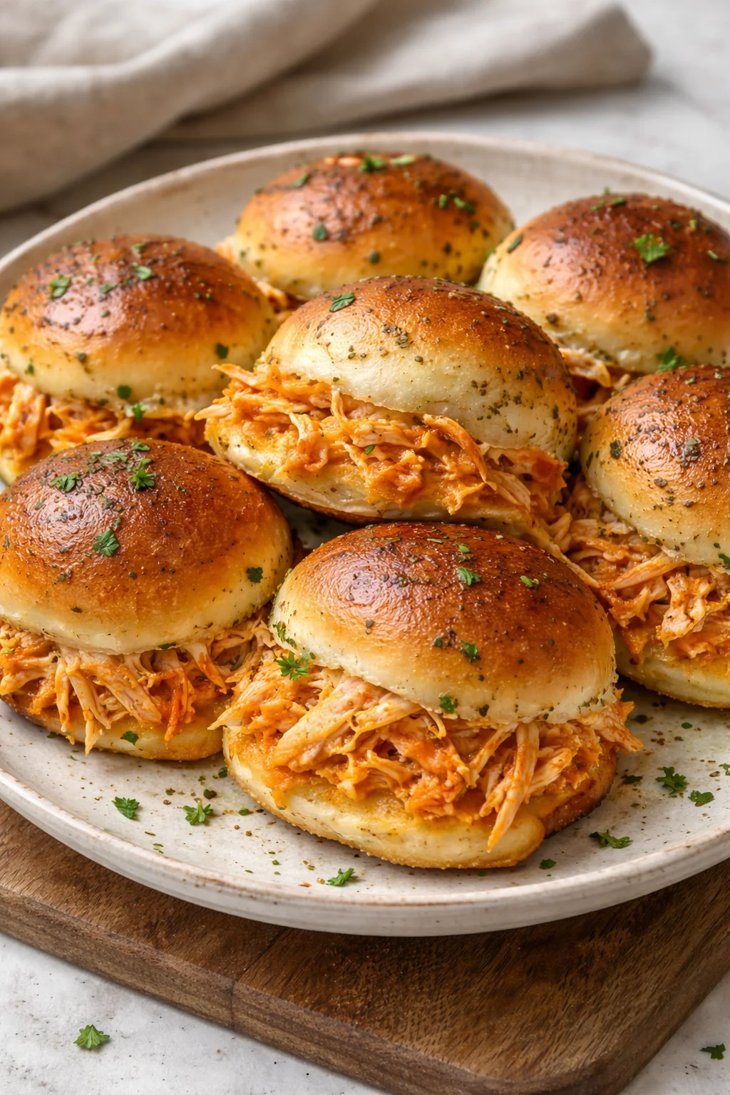 Spicy Buffalo chicken sliders served on a platter with fresh toppings.