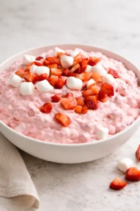 Delicious Strawberry Fluff Jello Salad served in a bowl, garnished with fresh strawberries.