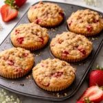 Freshly baked strawberry streusel muffins on a wooden table