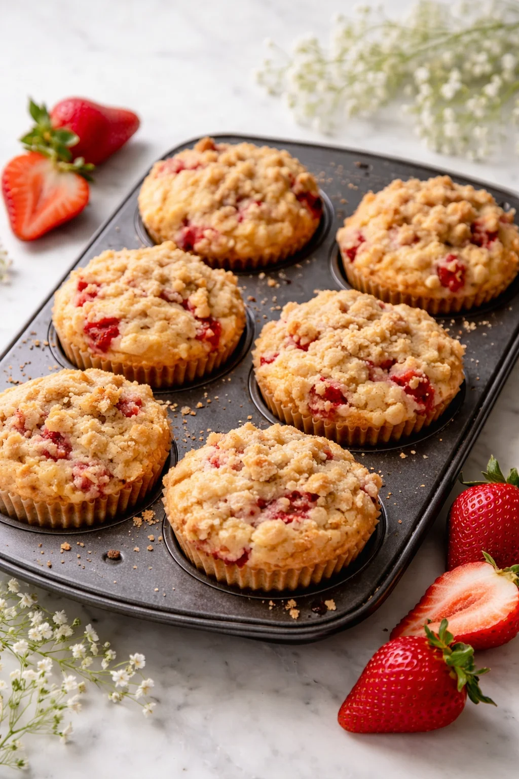 Freshly baked strawberry streusel muffins on a wooden table