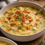 Bowl of delicious Crack Chicken Noodle Soup with fresh herbs and vegetables