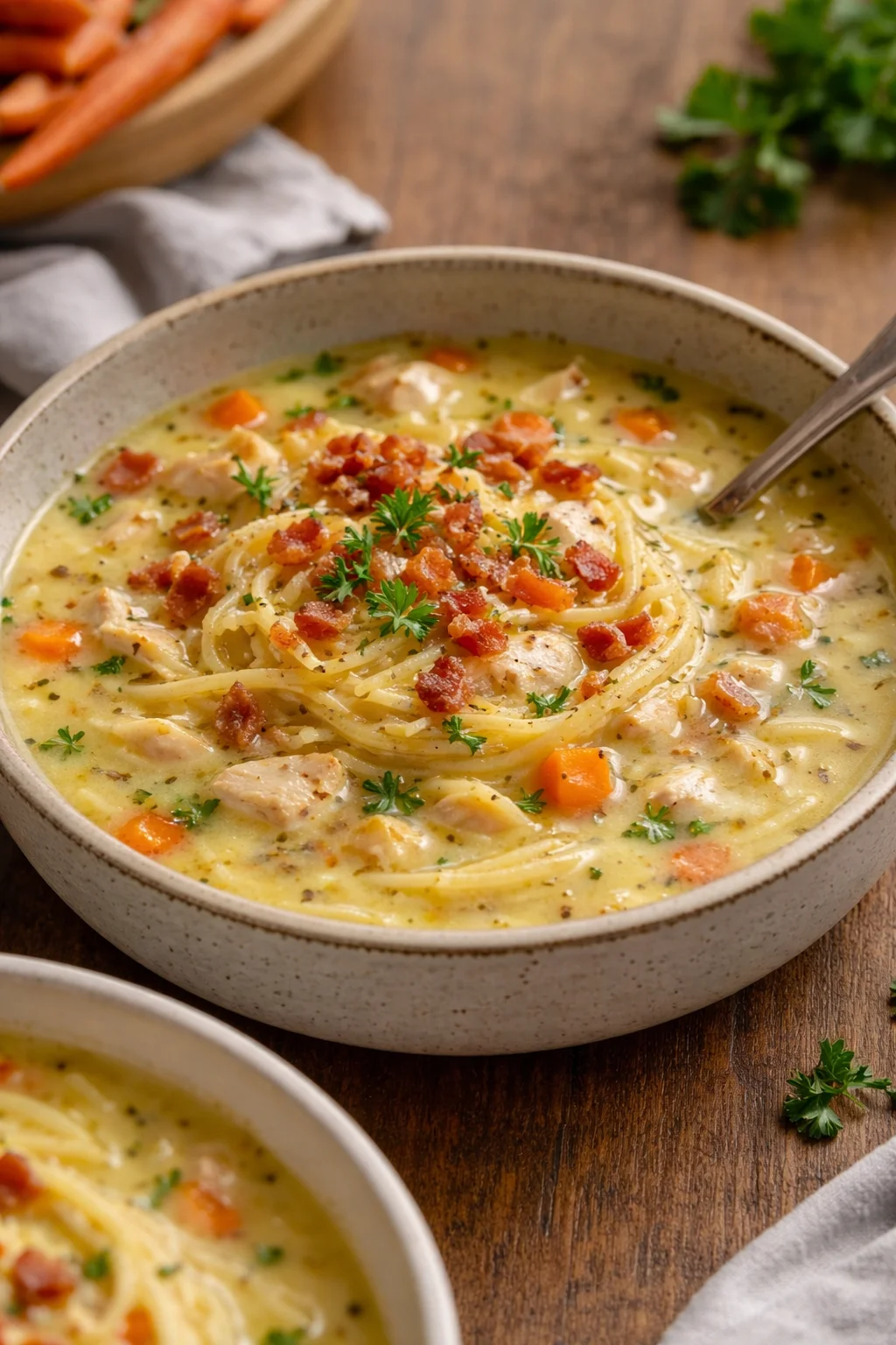 Bowl of delicious Crack Chicken Noodle Soup with fresh herbs and vegetables