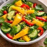 Plate of Thai Mango Salad with fresh mango, herbs, and colorful vegetables