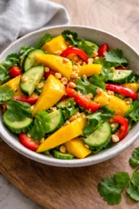 Plate of Thai Mango Salad with fresh mango, herbs, and colorful vegetables