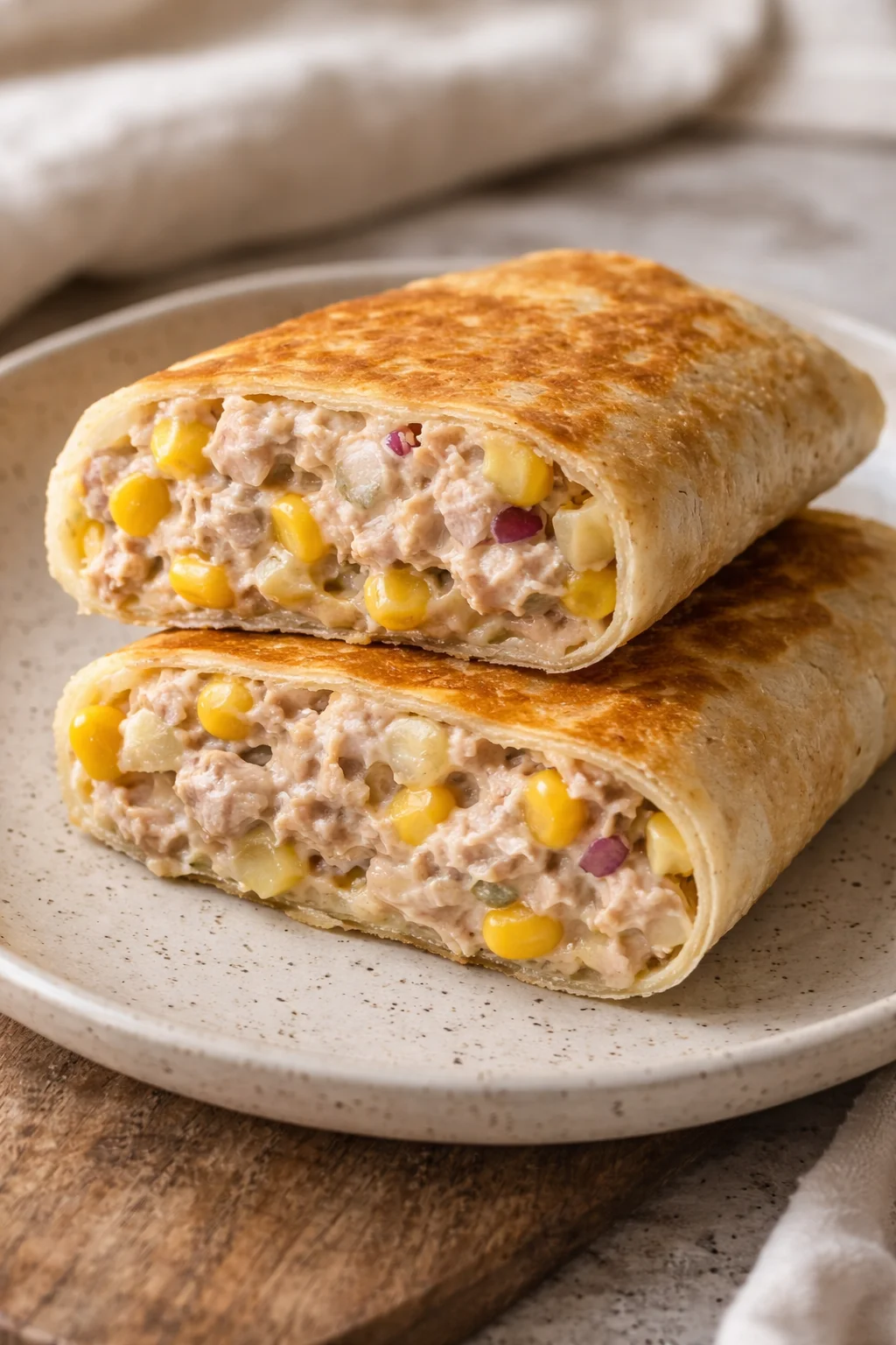 Tuna melt wrap with melted cheese and tuna filling