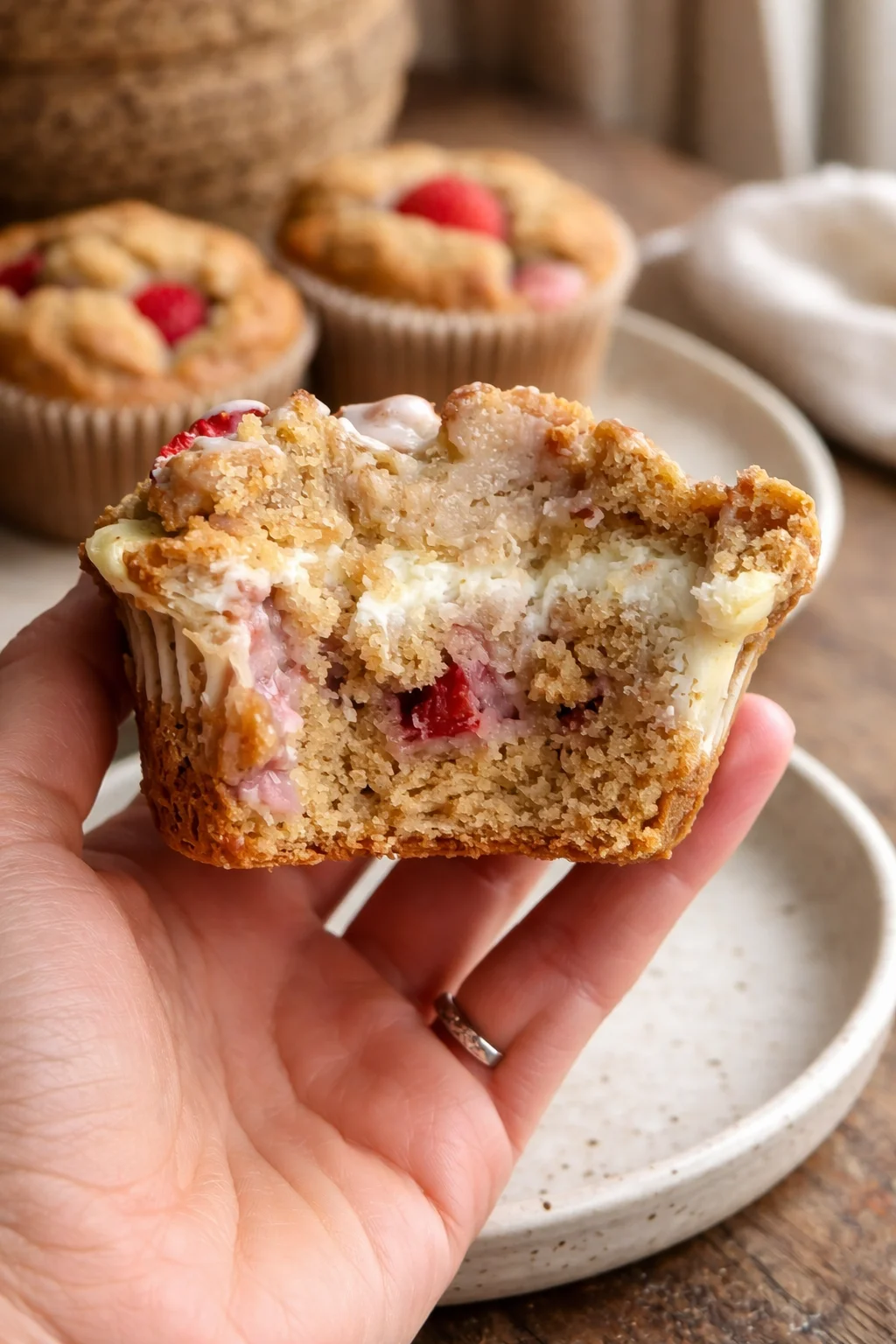 Vegan gluten-free strawberries and cream muffins on a rustic wooden table