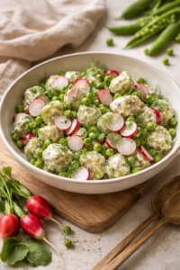 Vibrant potato salad with radishes and herbs in a bowl