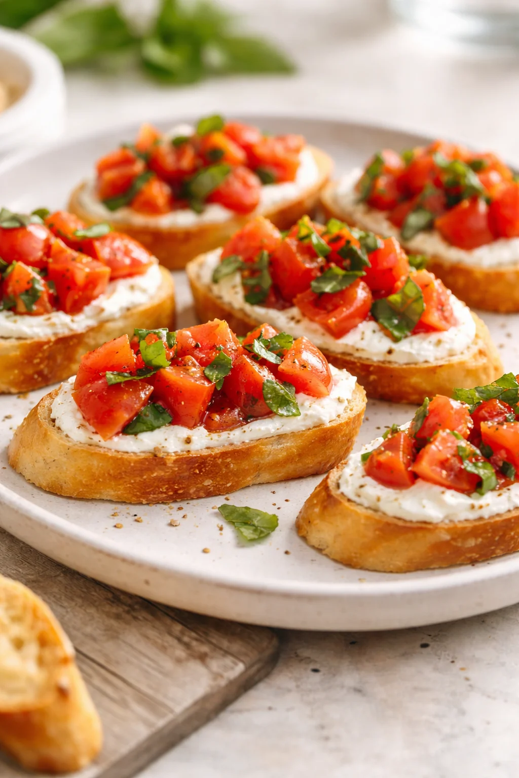 Whipped feta tomato crostini topped with fresh tomatoes and herbs