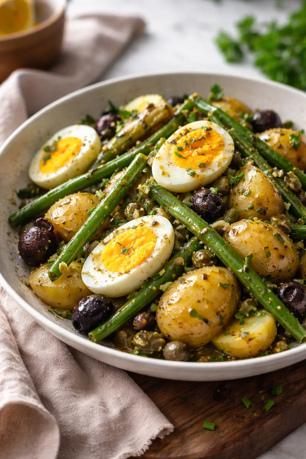Zesty French-style potato and green bean salad in a bowl