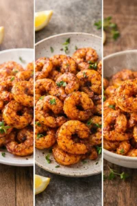 Crispy air fryer shrimp served on a plate with lemon and herbs