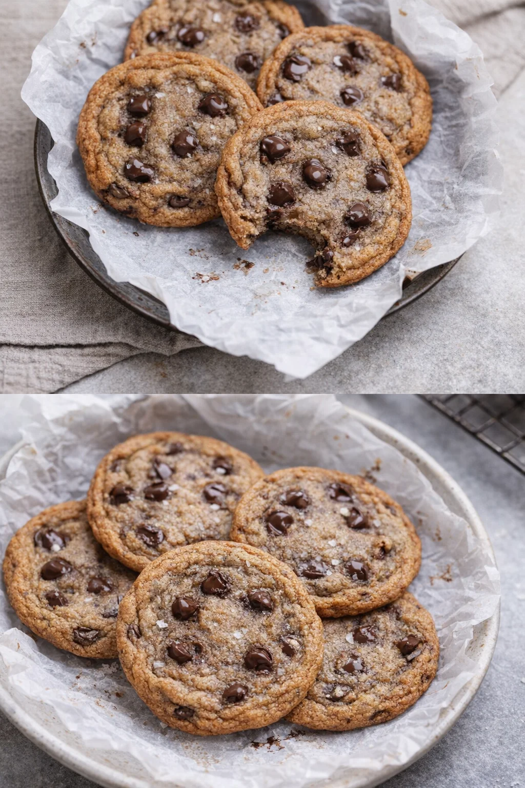 Delicious homemade Banana Chocolate Chip Cookies on a cooling rack.