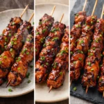 Delicious BBQ pork skewers served on a platter.