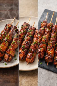 Delicious BBQ pork skewers served on a platter.