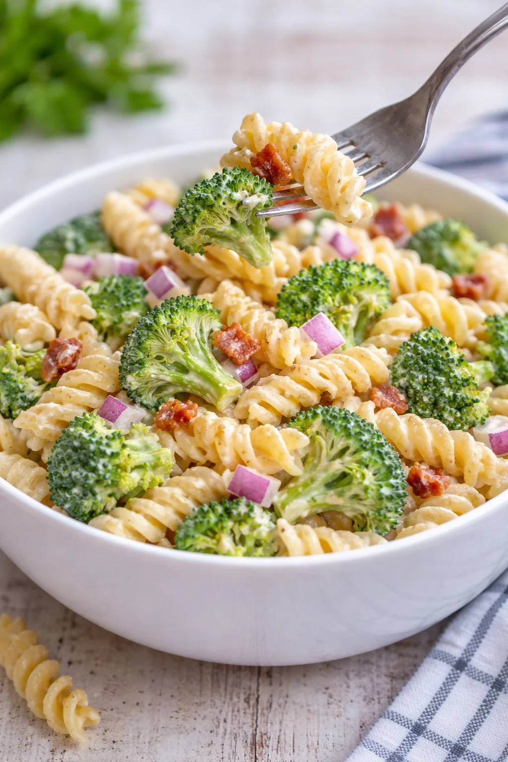 Best broccoli pasta salad with fresh vegetables and pasta in a bowl