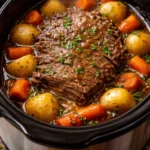Delicious crockpot beef pot roast served with vegetables and gravy