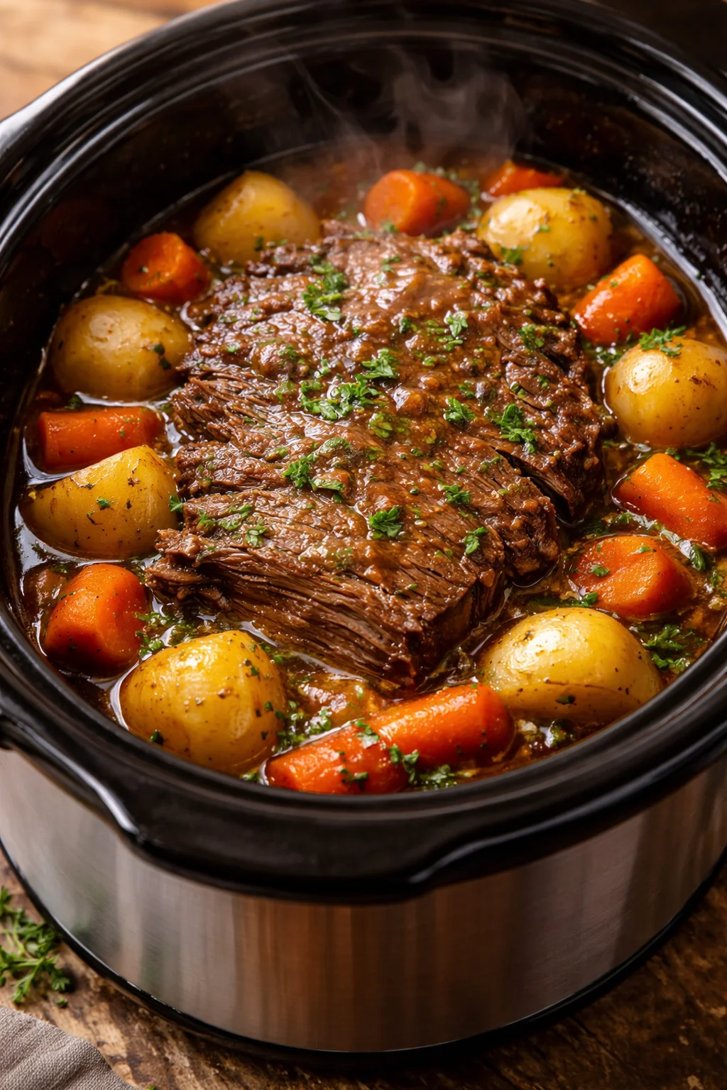 Delicious crockpot beef pot roast served with vegetables and gravy