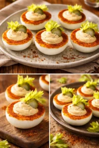 Plate of Bloody Mary Deviled Eggs topped with spices and garnishes