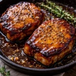 Delicious brown sugar garlic pork chops served with vegetables