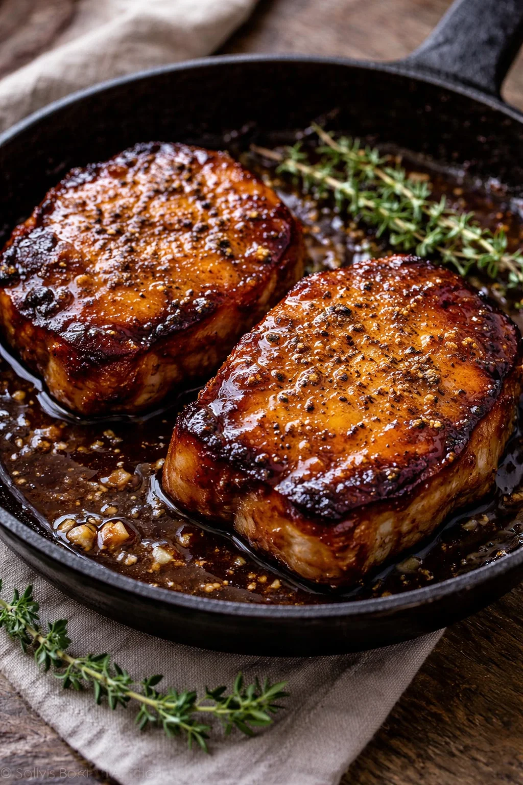Delicious brown sugar garlic pork chops served with vegetables