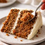 Delicious slice of homemade carrot cake with cream cheese frosting on a plate
