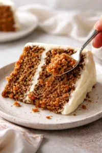 Delicious slice of homemade carrot cake with cream cheese frosting on a plate