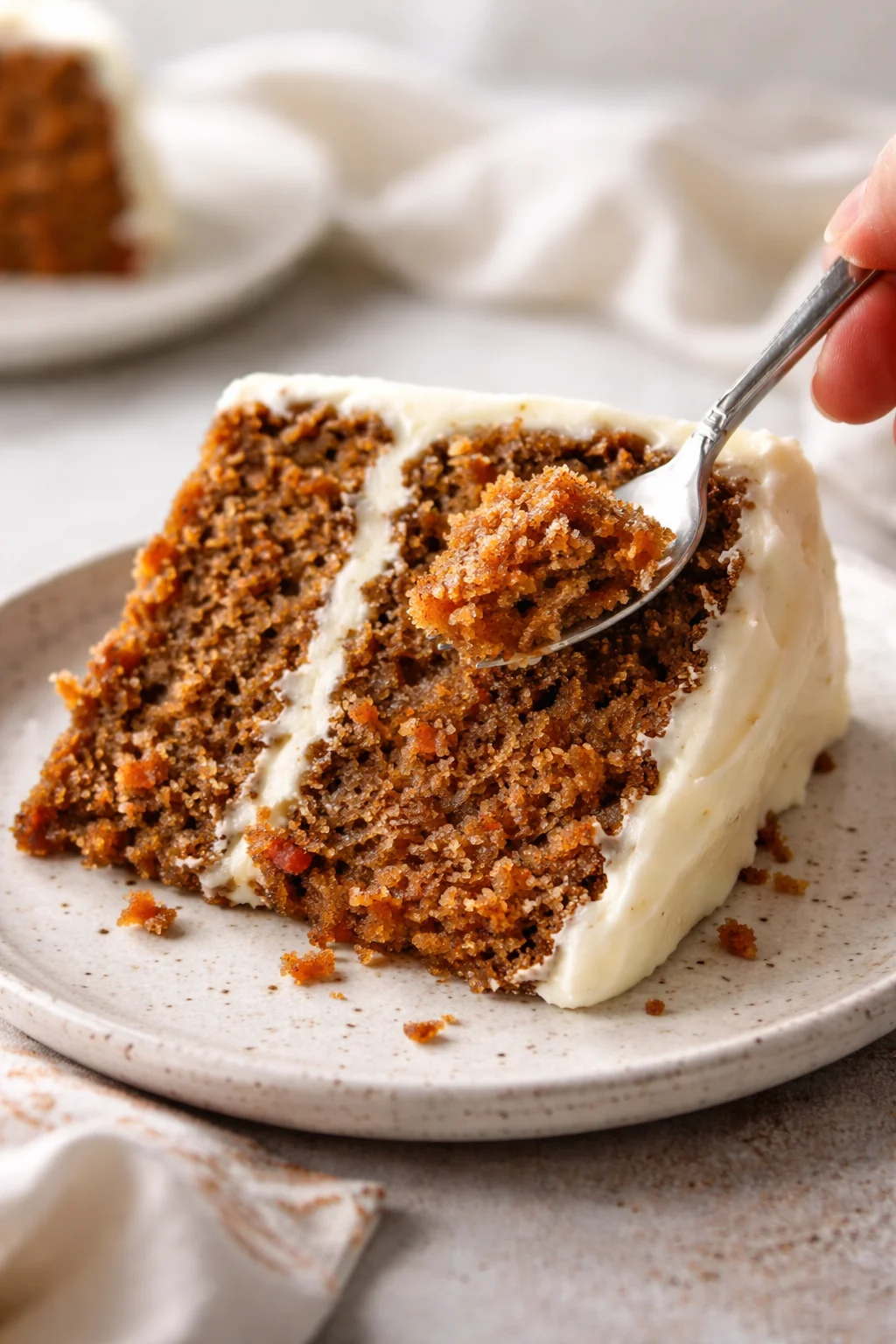 Delicious slice of homemade carrot cake with cream cheese frosting on a plate