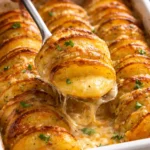Delicious cheesy scalloped potatoes baked to perfection in a creamy sauce.