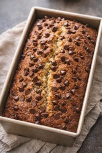 Delicious slice of chocolate chip banana bread with slices of ripe bananas