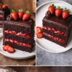 Delicious chocolate strawberry cake with fresh strawberries on top.