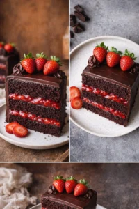 Delicious chocolate strawberry cake with fresh strawberries on top.