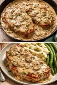 Cream of Mushroom Pork Chops served on a plate, garnished with parsley