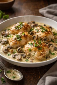 Creamy garlic mushroom chicken thighs with herbs and spices on a plate