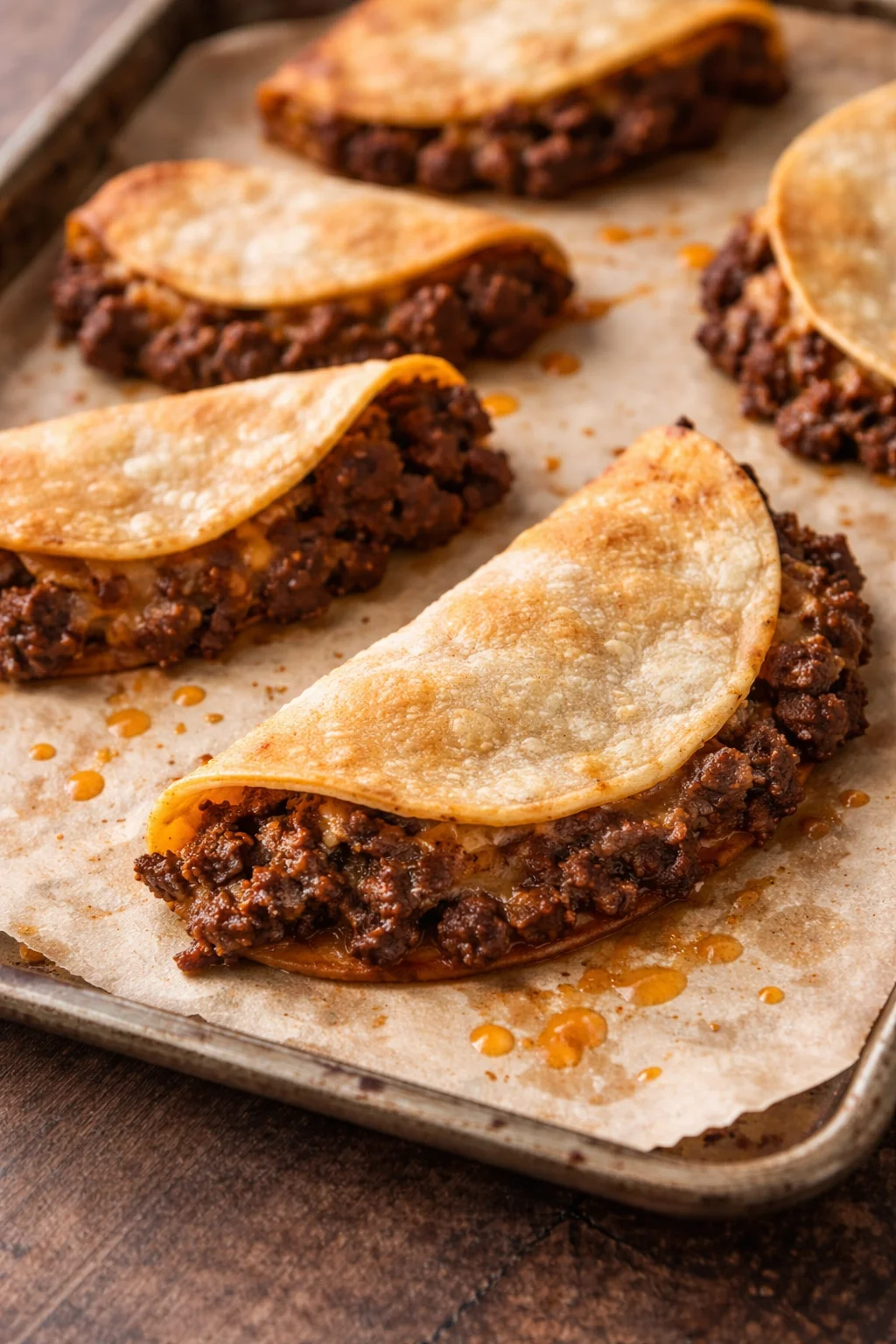 Plate of crispy oven baked tacos with toppings.